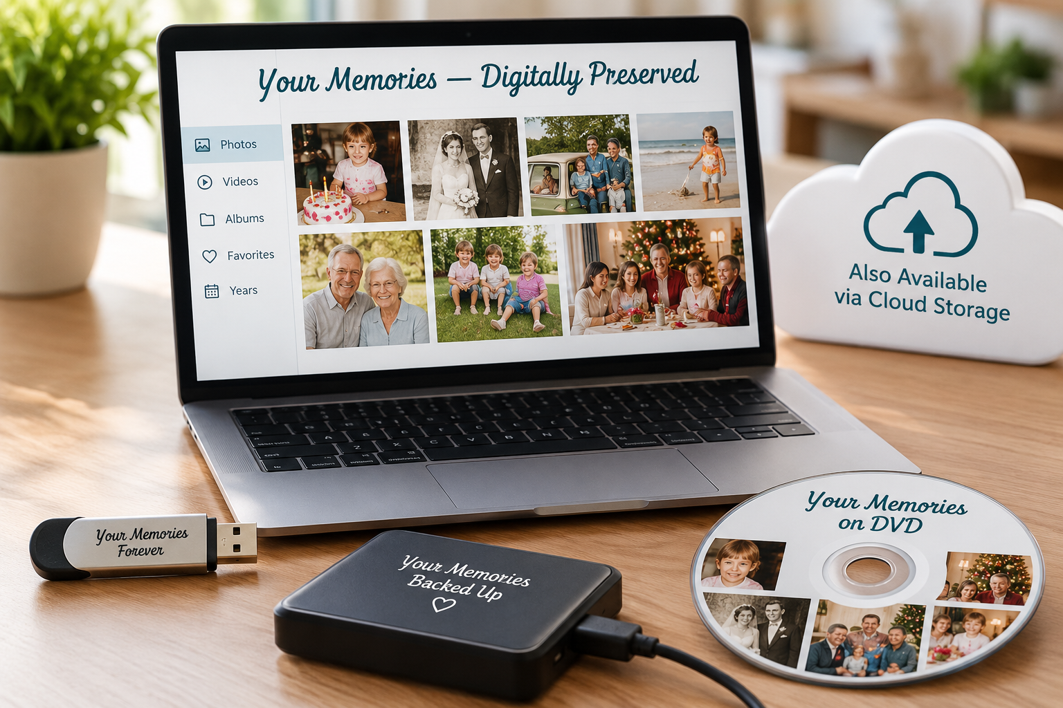 Family memories displayed on a laptop with a flash drive ready for sharing